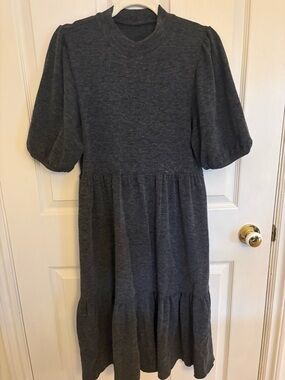 Charcoal Puff Sleeve Tiered Midi Dress